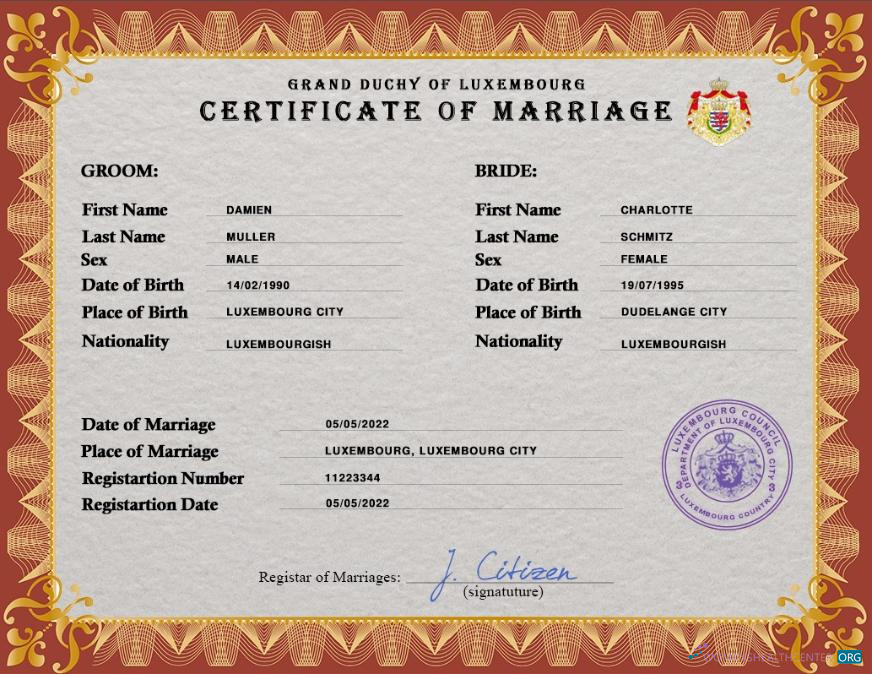Download Luxembourg marriage certificate PSD template Photoshop template
